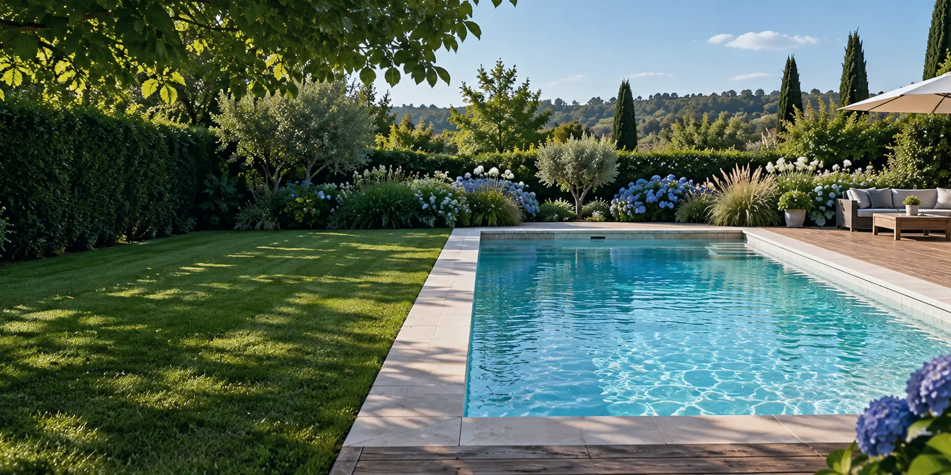 Jardin avec pelouse et massifs bordant une piscine à l'eau claire